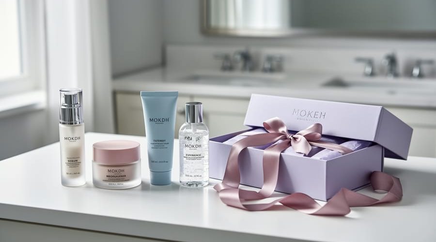 Curated skincare mini bottles arranged on a vanity next to an opened ribboned gift box, shown in soft natural light.