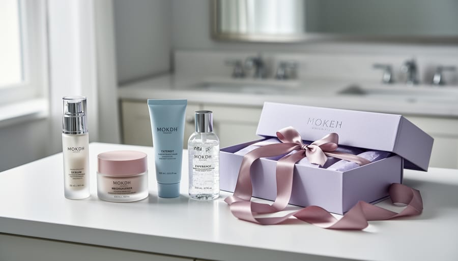 Curated skincare mini bottles arranged on a vanity next to an opened ribboned gift box, shown in soft natural light.