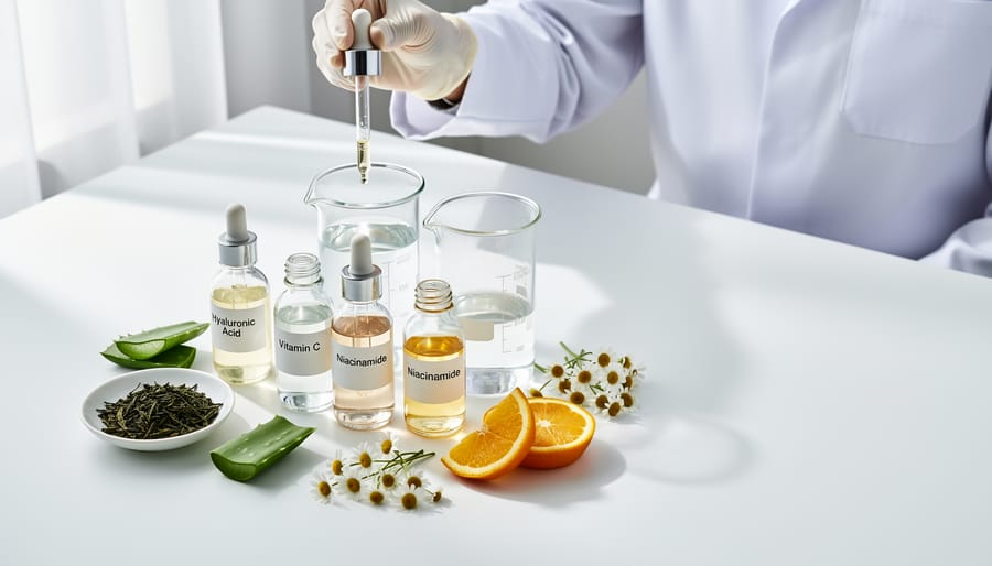 Overhead view of skincare bottles and cleanser foam on a marble surface with a microfiber cloth.