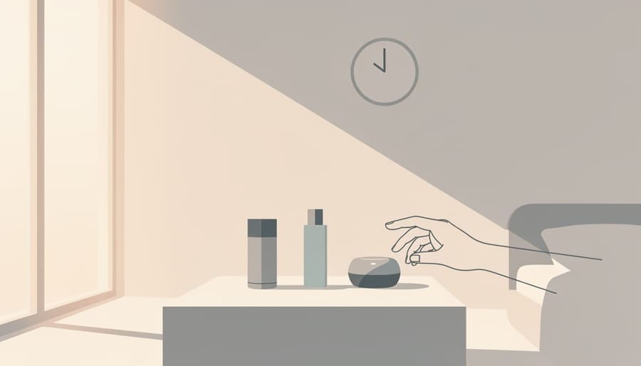 Person applying skincare in a sunlit window setting with minimal bathroom decor in the background
