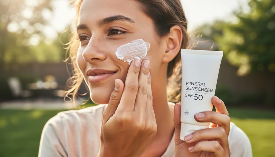 Person applying sunscreen to their cheek outdoors during golden hour.