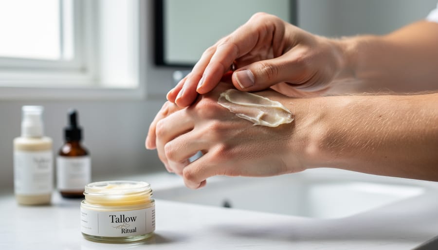 Person applying moisturizer with fingertips to the cheek and jaw in a softly lit bathroom setting