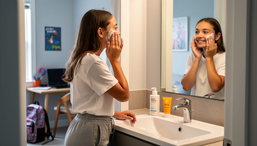 Teen holding skincare products on a bathroom counter during a skincare routine