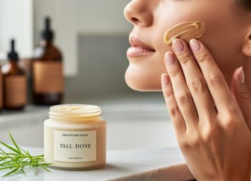A person’s hand applying golden grass-fed beef tallow skincare to the cheek next to a small ceramic jar and a sprig of fresh grass.