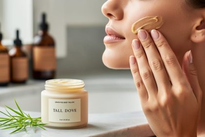 A person’s hand applying golden grass-fed beef tallow skincare to the cheek next to a small ceramic jar and a sprig of fresh grass.