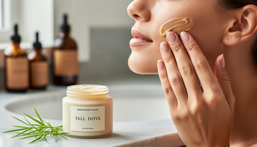 A person’s hand applying golden grass-fed beef tallow skincare to the cheek next to a small ceramic jar and a sprig of fresh grass.