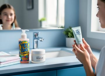Teen skincare products arranged on a bathroom vanity with a teen holding a cleanser near a mirror, illustrating a gentle starter skincare routine.