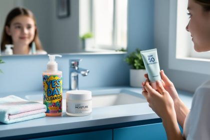 Teen skincare products arranged on a bathroom vanity with a teen holding a cleanser near a mirror, illustrating a gentle starter skincare routine.