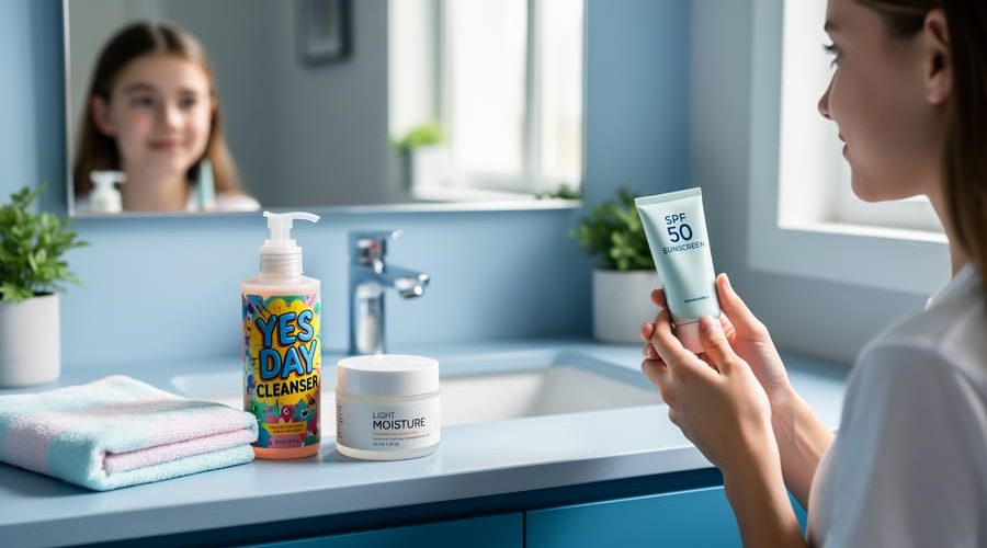 Teen skincare products arranged on a bathroom vanity with a teen holding a cleanser near a mirror, illustrating a gentle starter skincare routine.