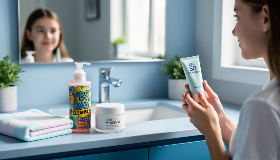 Teen skincare products arranged on a bathroom vanity with a teen holding a cleanser near a mirror, illustrating a gentle starter skincare routine.