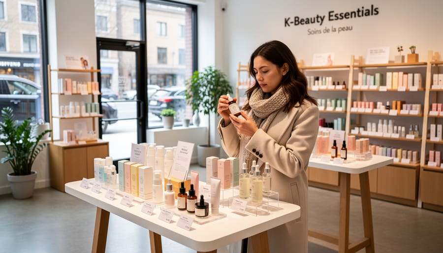 A shopper browsing skincare products on display inside a K-beauty boutique in Montreal