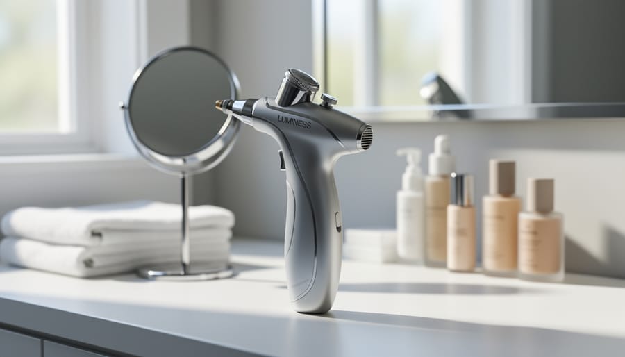 Airbrush makeup foundation system on a vanity with skincare items blurred in the background