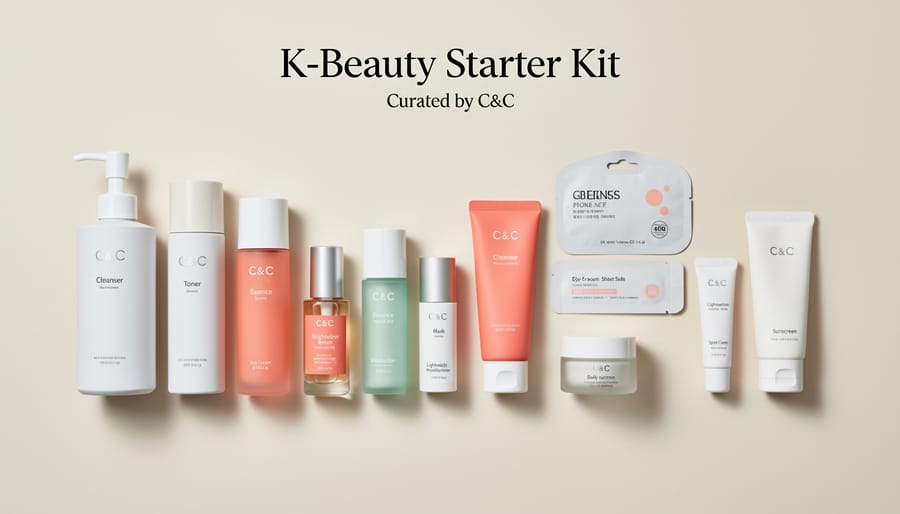 Assorted Korean skincare products arranged on a vanity for a starter routine