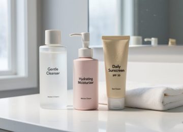 Minimalist skincare essentials on a bathroom vanity—cleanser, moisturizer, and sunscreen—styled with a washcloth and winter daylight.