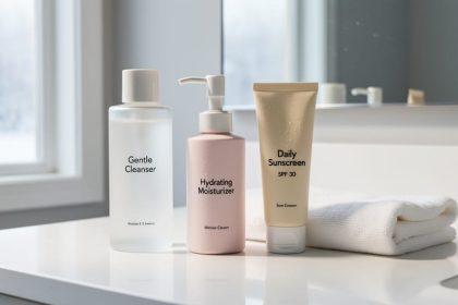 Minimalist skincare essentials on a bathroom vanity—cleanser, moisturizer, and sunscreen—styled with a washcloth and winter daylight.