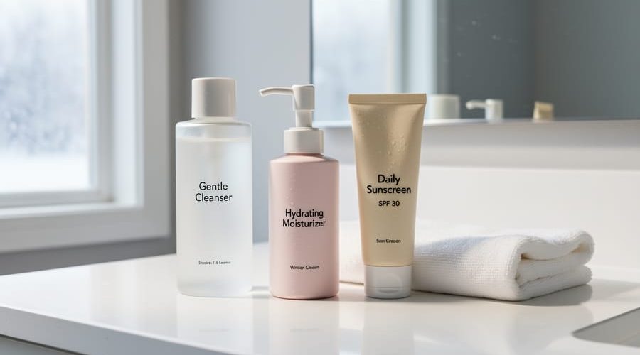Minimalist skincare essentials on a bathroom vanity—cleanser, moisturizer, and sunscreen—styled with a washcloth and winter daylight.