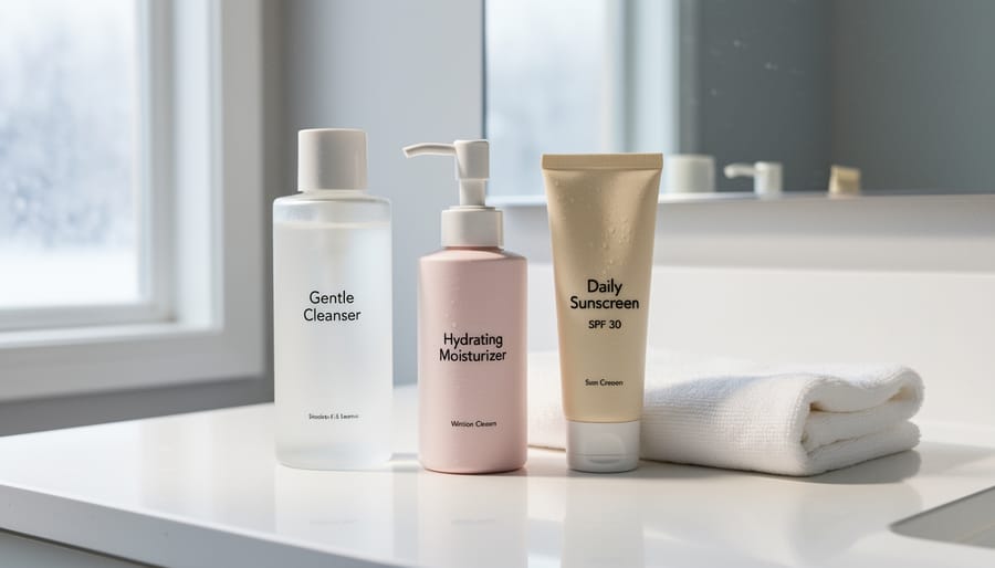 Minimalist skincare essentials on a bathroom vanity—cleanser, moisturizer, and sunscreen—styled with a washcloth and winter daylight.