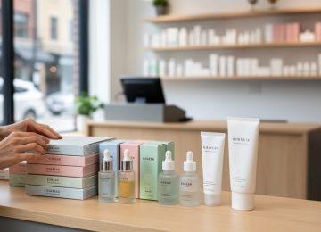 Shopper’s hands examining Korean skincare products like sheet masks, serum bottles, and sunscreen inside a Montreal boutique.