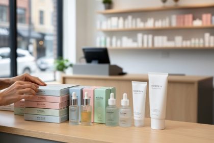 Shopper’s hands examining Korean skincare products like sheet masks, serum bottles, and sunscreen inside a Montreal boutique.