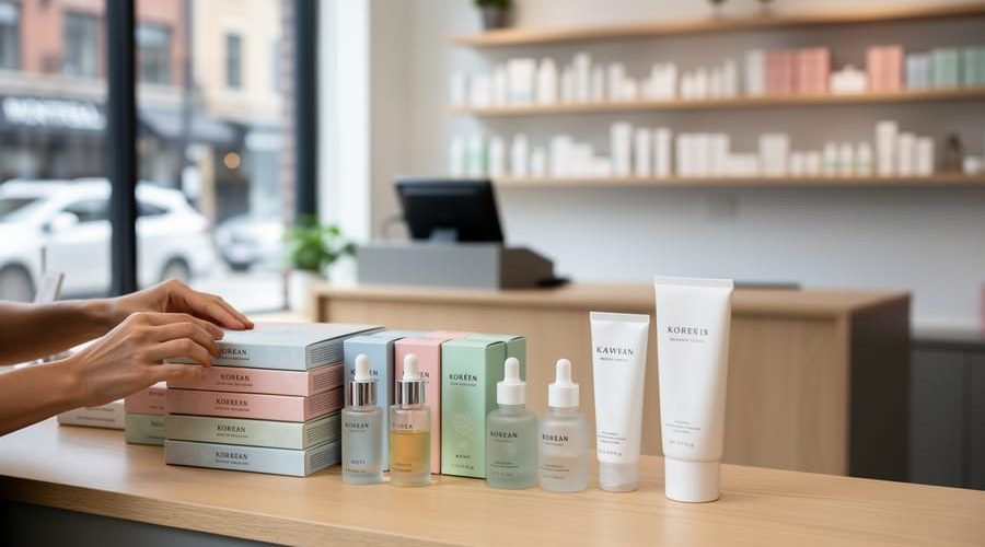 Shopper’s hands examining Korean skincare products like sheet masks, serum bottles, and sunscreen inside a Montreal boutique.