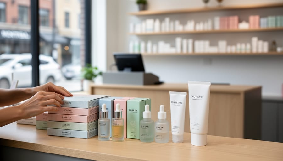 Shopper’s hands examining Korean skincare products like sheet masks, serum bottles, and sunscreen inside a Montreal boutique.