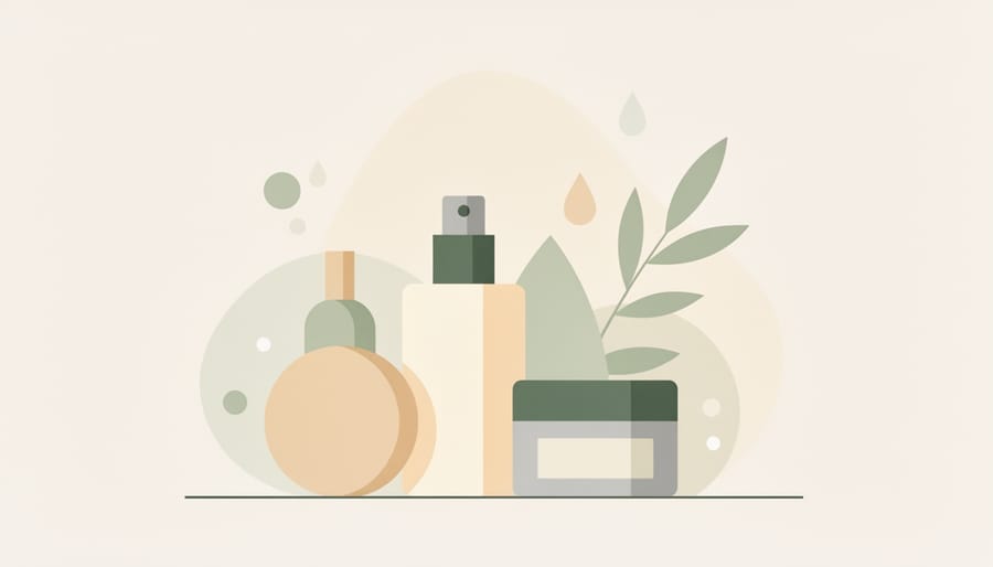 Clean beauty skincare bottles styled on a sunny windowsill with green herbs