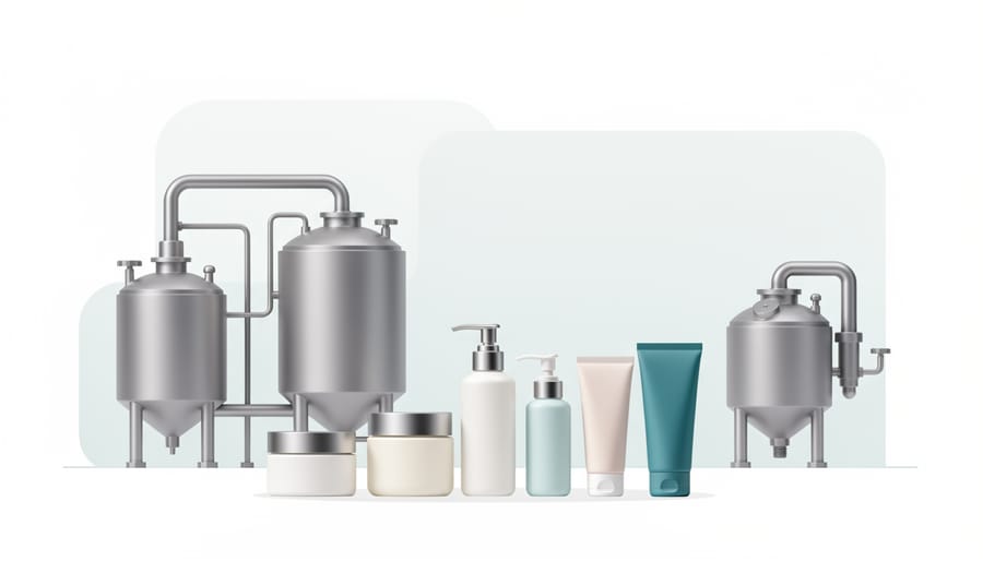 Clean manufacturing environment with stainless-steel cosmetic production equipment and sealed bottles on shelving