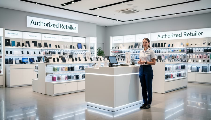 Clean pharmacy-style skincare shelf with generic cosmetic bottles and blurred salesperson in background