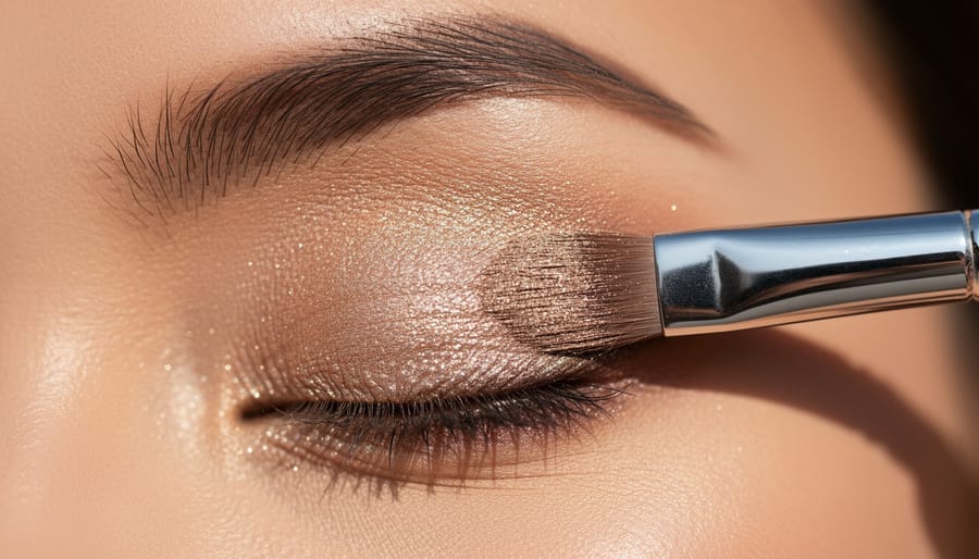 Close-up of a hand applying shimmer eyeshadow with a brush in soft natural daylight.