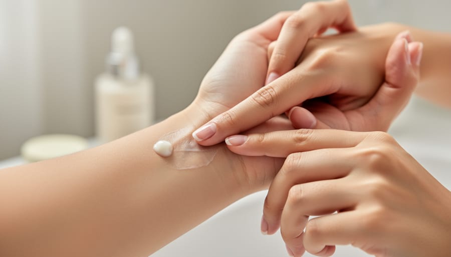 Close-up of a hand applying skincare to the inner forearm using a cotton pad.