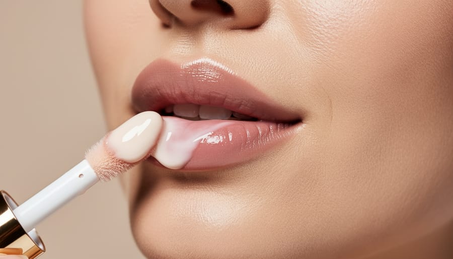 Close-up of a hand holding a vegan lip balm with a glossy balm sheen on the fingertips