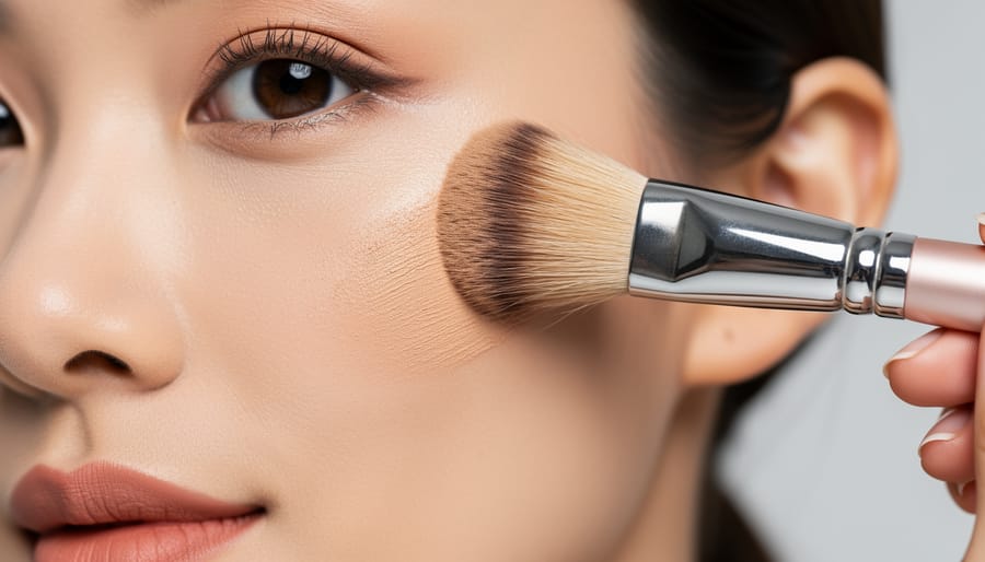 Close-up of a hand using a soft makeup brush to apply foundation to a cheek