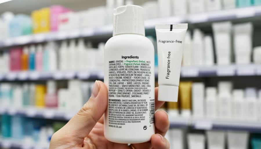 Close-up of a skincare bottle label and glass packaging with unreadable text