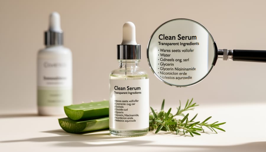 Close-up of a skincare ingredient card next to a glass droplet on a clean stainless surface