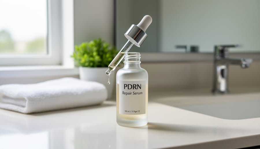 Close-up of hands holding a dropper bottle of pale amber skincare serum on a vanity