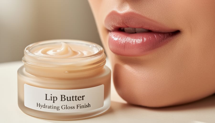 Close-up of Kylie Cosmetics lip butter with a soft glossy finish on lips and the balm tube nearby