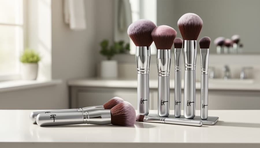Close view of several makeup brushes on a clean vanity surface in soft natural light