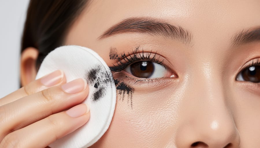 Cotton pad removing mascara from a hand near a sink with soft, natural lighting.