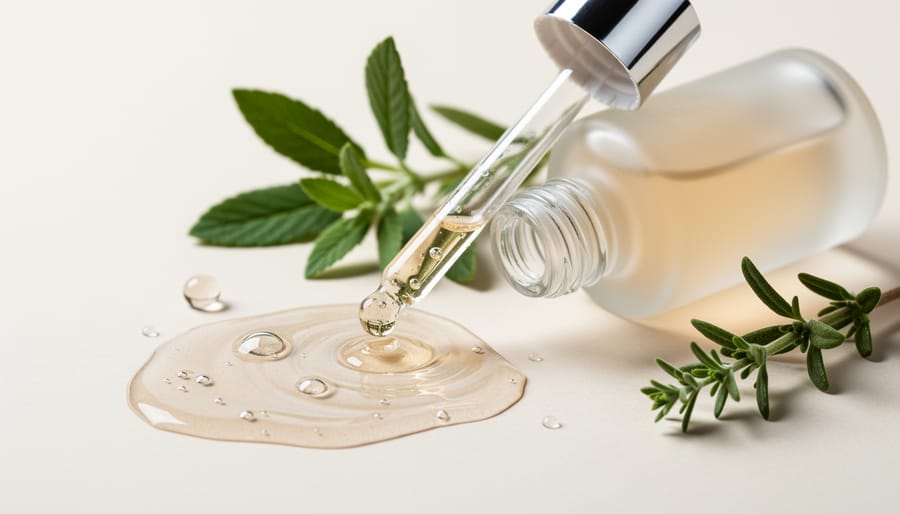 Dropper and serum bottle on a ceramic tray with soft plant leaves in the background