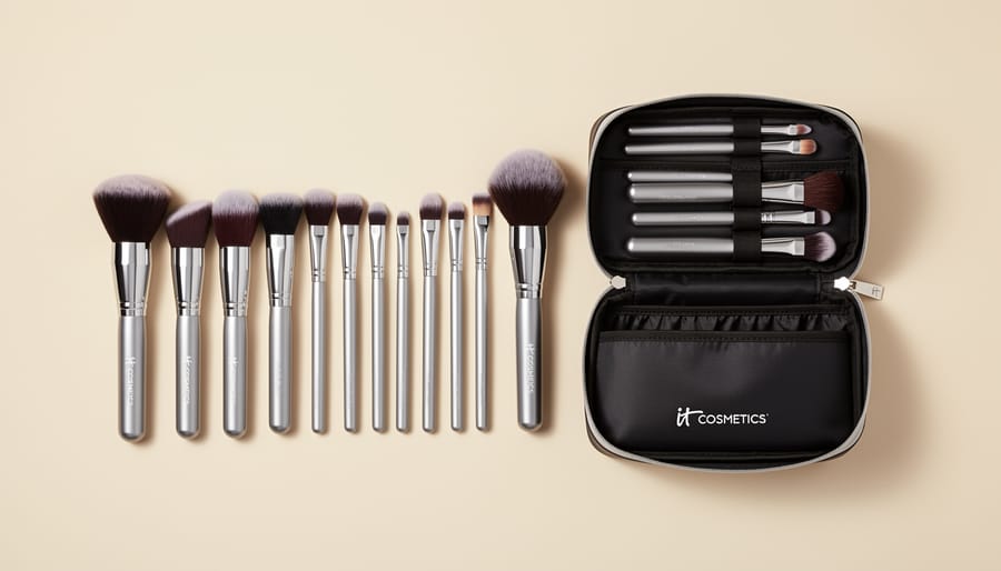 Flat-lay of makeup brushes and a makeup case on a clean white vanity for an IT Cosmetics kit review