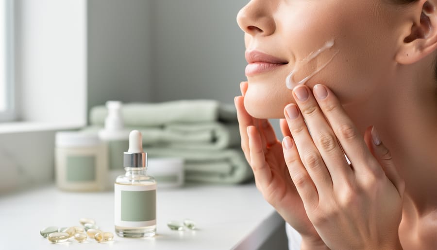 Close-up of a person applying a clear lotion to the face with skincare products nearby on a clean bathroom counter.