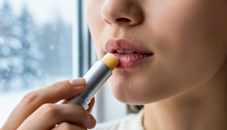 Hands applying thick moisturizer cream to dry lips near a window in winter.