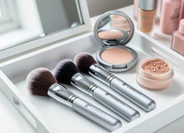 Close-up of ultra-soft makeup brushes with dense synthetic bristles on a clean white vanity tray, with a powder compact softly blurred in the background.