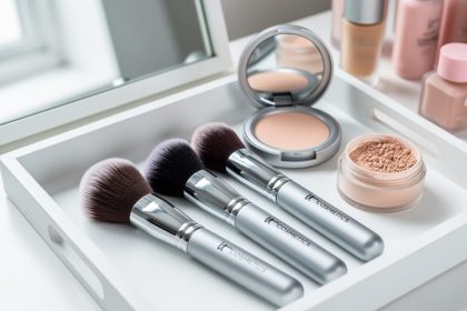 Close-up of ultra-soft makeup brushes with dense synthetic bristles on a clean white vanity tray, with a powder compact softly blurred in the background.