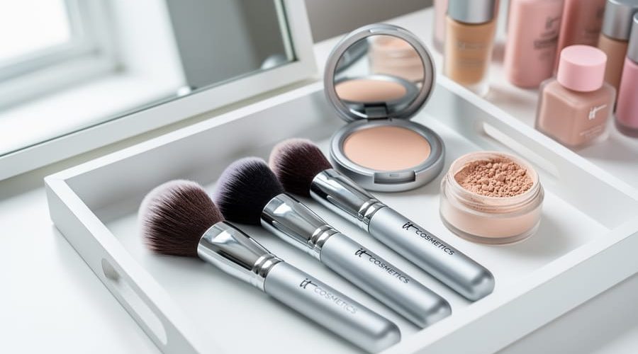Close-up of ultra-soft makeup brushes with dense synthetic bristles on a clean white vanity tray, with a powder compact softly blurred in the background.