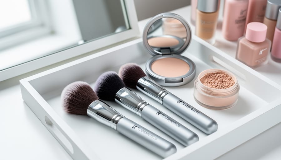 Close-up of ultra-soft makeup brushes with dense synthetic bristles on a clean white vanity tray, with a powder compact softly blurred in the background.