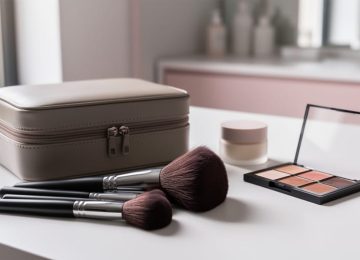Flat-lay view of a makeup brush set with dense bristles next to a travel makeup case and a few skincare essentials on a clean vanity surface.