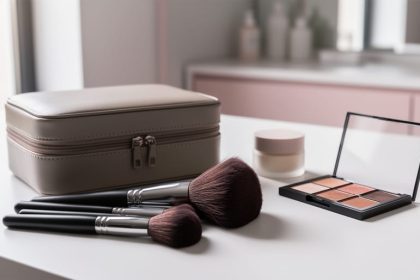 Flat-lay view of a makeup brush set with dense bristles next to a travel makeup case and a few skincare essentials on a clean vanity surface.
