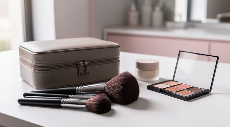 Flat-lay view of a makeup brush set with dense bristles next to a travel makeup case and a few skincare essentials on a clean vanity surface.