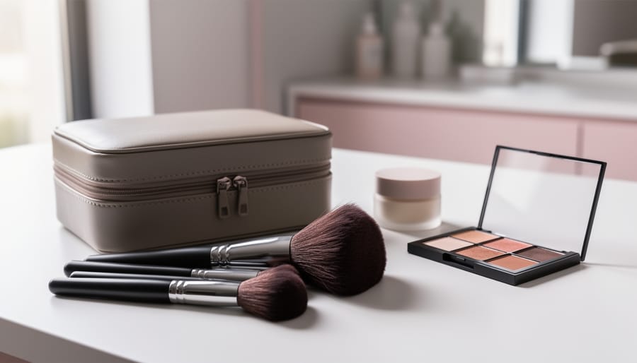 Flat-lay view of a makeup brush set with dense bristles next to a travel makeup case and a few skincare essentials on a clean vanity surface.